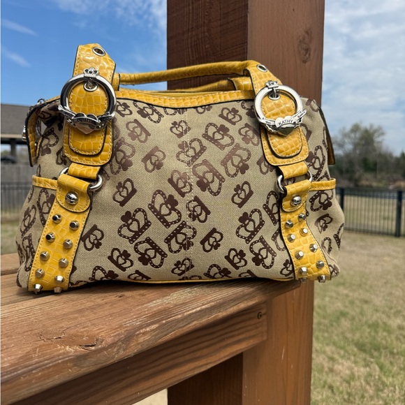 EUC Kathy Van Zeeland Vintage Yellow And Canvas Crown Pattern Shoulder Bag - Picture 5 of 13